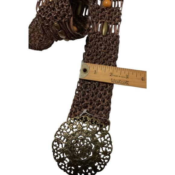 Vtg. Leather Brown Weaved Beaded Hip Hugger Belt Medalion Buckle Hippie Boho - Picture 8 of 9